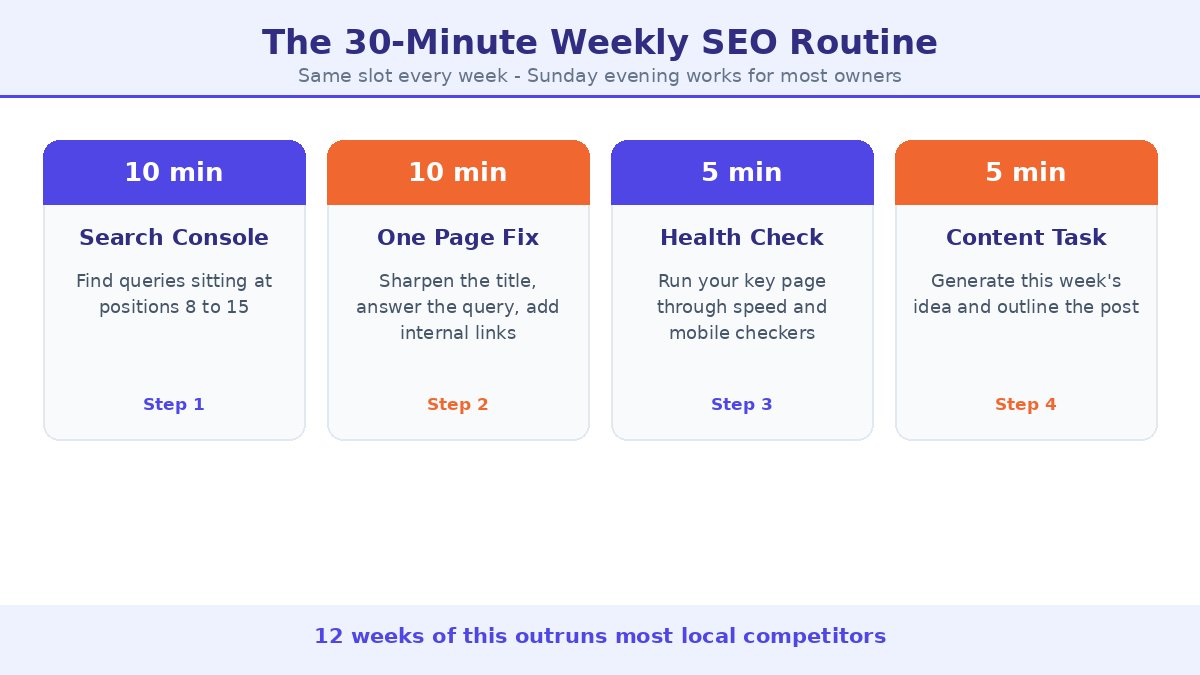The 30-minute weekly SEO routine: 10 minutes Search Console, 10 minutes one page fix, 5 minutes health check, 5 minutes content task